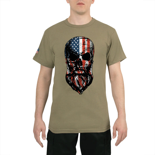 US Flag T-shirt Bearded Skull Design Shirt - Coyote Brown