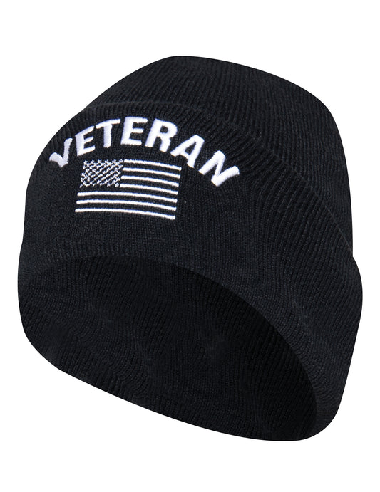 Rothco Veteran Hat With US Flag Fine Knit Watch Cap - Black