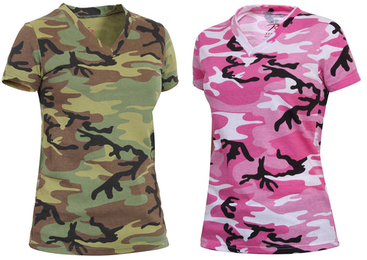 Womens Camo V Neck T-shirt Longer Length Camouflage Tee Shirt Rothco 5654 5653