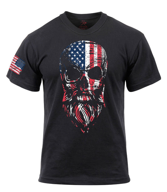 US Flag T-shirt Bearded Skull Design Shirt - Black