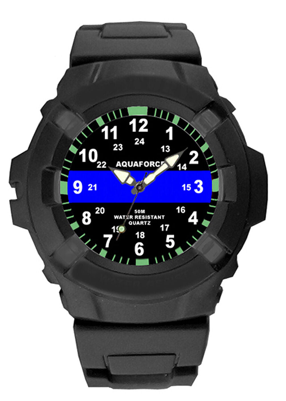 Aqua Force Thin Blue Line Police Officer Rugged Rubber Watch